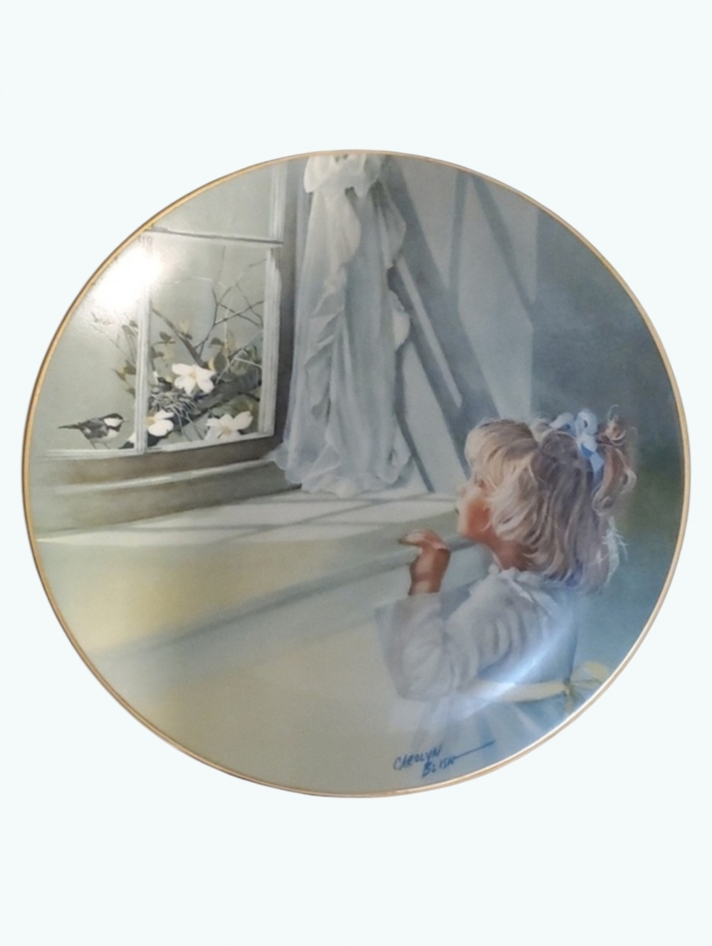 Carolyn Blish decor home 8-1/2" plate decorative girl window bird flowers art